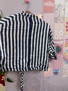 Blue Lined Crop Shirt Style Top