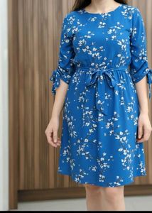 Blue Floral Print Tie Waist Dress