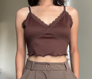 Brown Lace Trim Cami Top