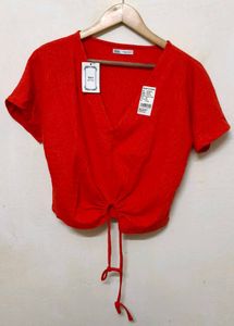 Trendy New Red Textured Tie-Front Top
