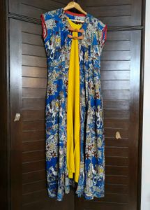 Women Blue Yellow Printed Kurta With Jacket