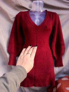 Maroon knitted woolen dress sale price