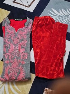 Woollen Embroidery Kurta With Red Velvet Legging