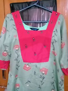 Green With Red Cotton Rayon Kurta