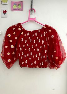 Red Flower Balloon Sleeves Top | Size XS