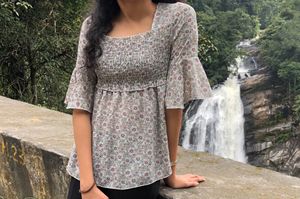 Three Fourth Sleeves Top With Smoking &amp; Frill Detailing &amp; Floral Print