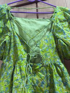 Branded Green Floral Puff Sleeve Dress from Turkey