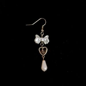 Handmade Pearl Bow Earrings with Heart and Drop