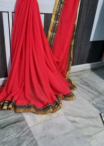 Red And Gold Toned Sequence Embroidered Saree