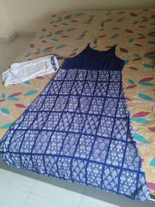 Long White And Blue Cotton Dress. Soft Fabric