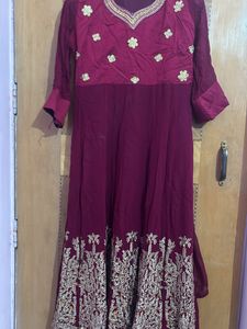 Maroon &amp; Gold Embroidered Anarkali Dress