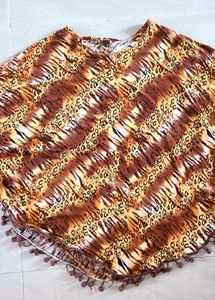 Animal Print Poncho with Pom-Pom Trim