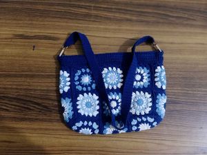 Blue Crochet Granny Square Tote Bag