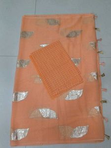 Bright Peachish Orange Georgette Saree With Blouse