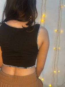 Black Asymmetric Patchwork Crop Tank  Top