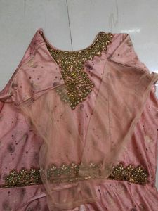 Elegant Pink &amp; Gold Anarkali Gown