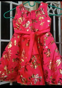 Watermelon Color Rich Look Silk Frock  With Golden Thread Work In The Neck