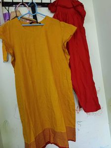 Yellow Kurti with Red Pants Set