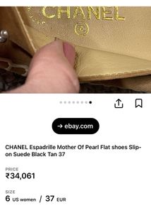 Auth CHANEL Espadrille Mother Of Pearl Flats