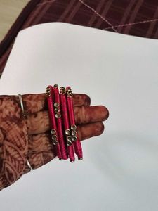 Handcrafted Pink Silk Thread Bangles with Kundan