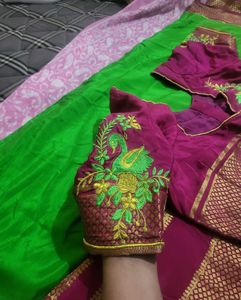 Green &amp; Pink Saree Mysore crepe