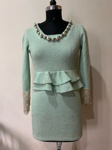 Mint Green Dress, Net Sleeves, Girls