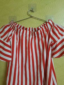 Off Shoulder Blouse With Red And White Stripes
