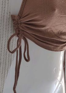VICTORIA Brown Ribbed Tie-Side Crop Top