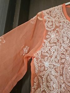 Peach Chikankari Net Kurta