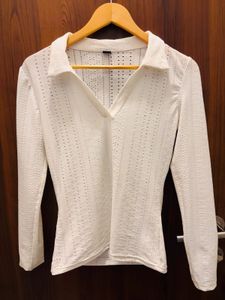 White V-Neck Long Sleeve Top
