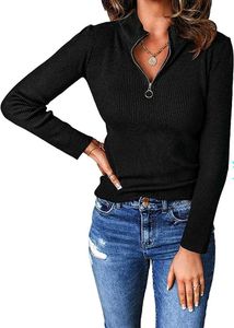 Chic Black Ribbed Zipper Top