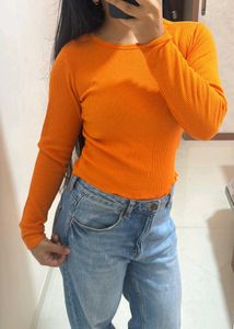 Orange Ribbed Long Sleeve Top