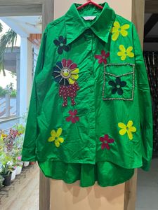 Quirky Embellished Green Patchwork Shirt
