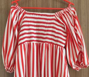 Red &amp; White Striped Puff Sleeve Maxi Dress