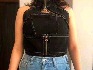 Freakins Black Halter Neck Crop Cotton Top