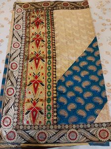 Beige And Blue Designer Saree With Blouse