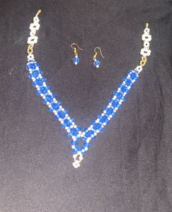 Blue Crystal &amp; Pearl Necklace Earrings Set