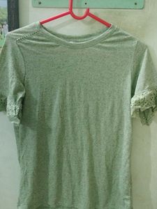 🟢Sage Green T-Shirt with Lace Details