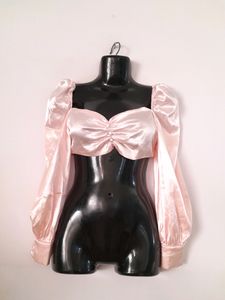 Pink Satin Puff Sleeve Crop Top