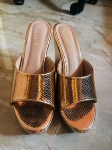 Bronze Snake-Print Platform Wedge Mules