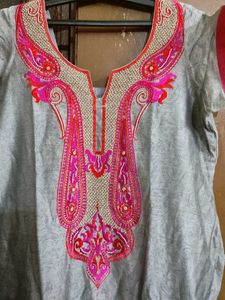 Grey Kurti with Pink And Red Embroidery