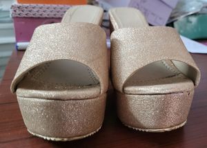 Fancy Rose Gold Women Block Heel Slippers With Party Wear 3.5 Inch Heels Chappal For Ladies
