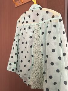 Sea Green Polka Dots Collared Shirt With Net Desig