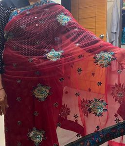 RED NET SAREE WITH BIG EMBROIDERED FLOWERS