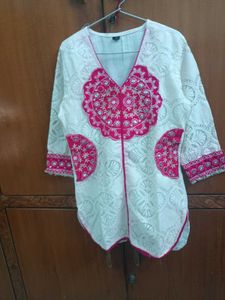 cream pink work kurta set