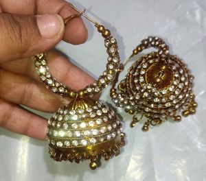 Golden White Stone Jhumki Earring