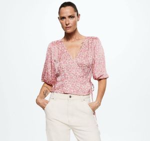 MANGO Cream-Coloured &amp; Pink Floral Print Wrap Top