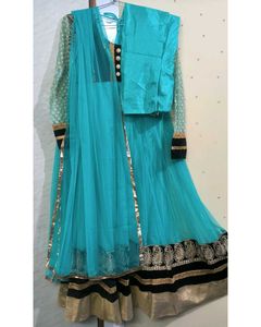 Sky Blue &amp; Gold Velvet Anarkali Dress  🌟