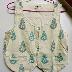 Ivory Ikat Print Waistcoat Top