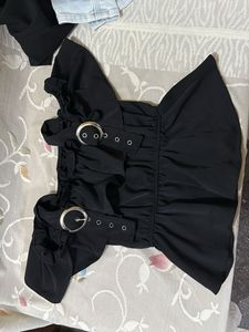 Black Belted Ruffle Top